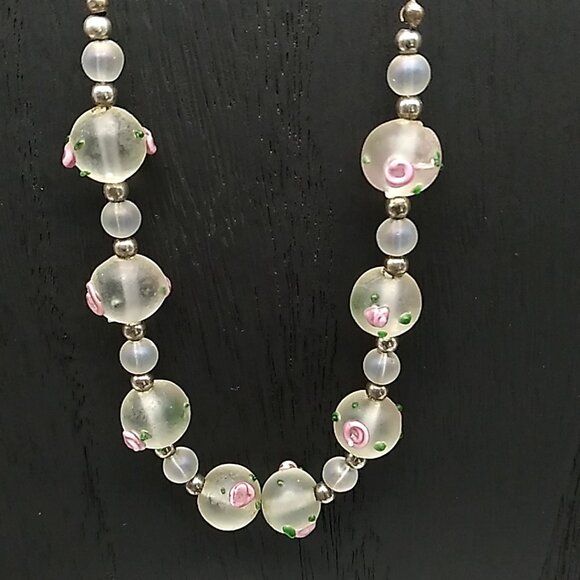 Artisan Frosted Lampwork Glass & Sterling Silver Beaded Pink Rose Design Necklac - Picture 2 of 16